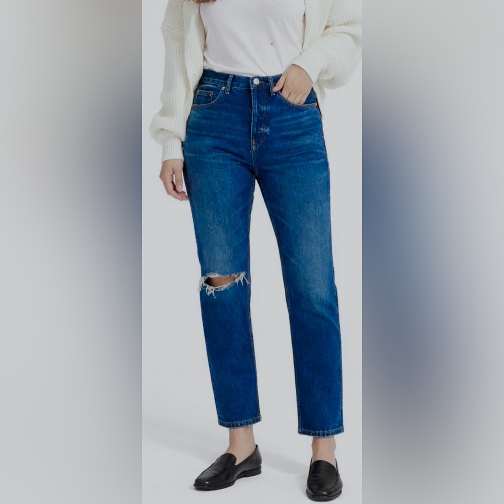 Everlane Destructed Cheeky Jeans busted knee Rigid Cotton in blue wash Size 28